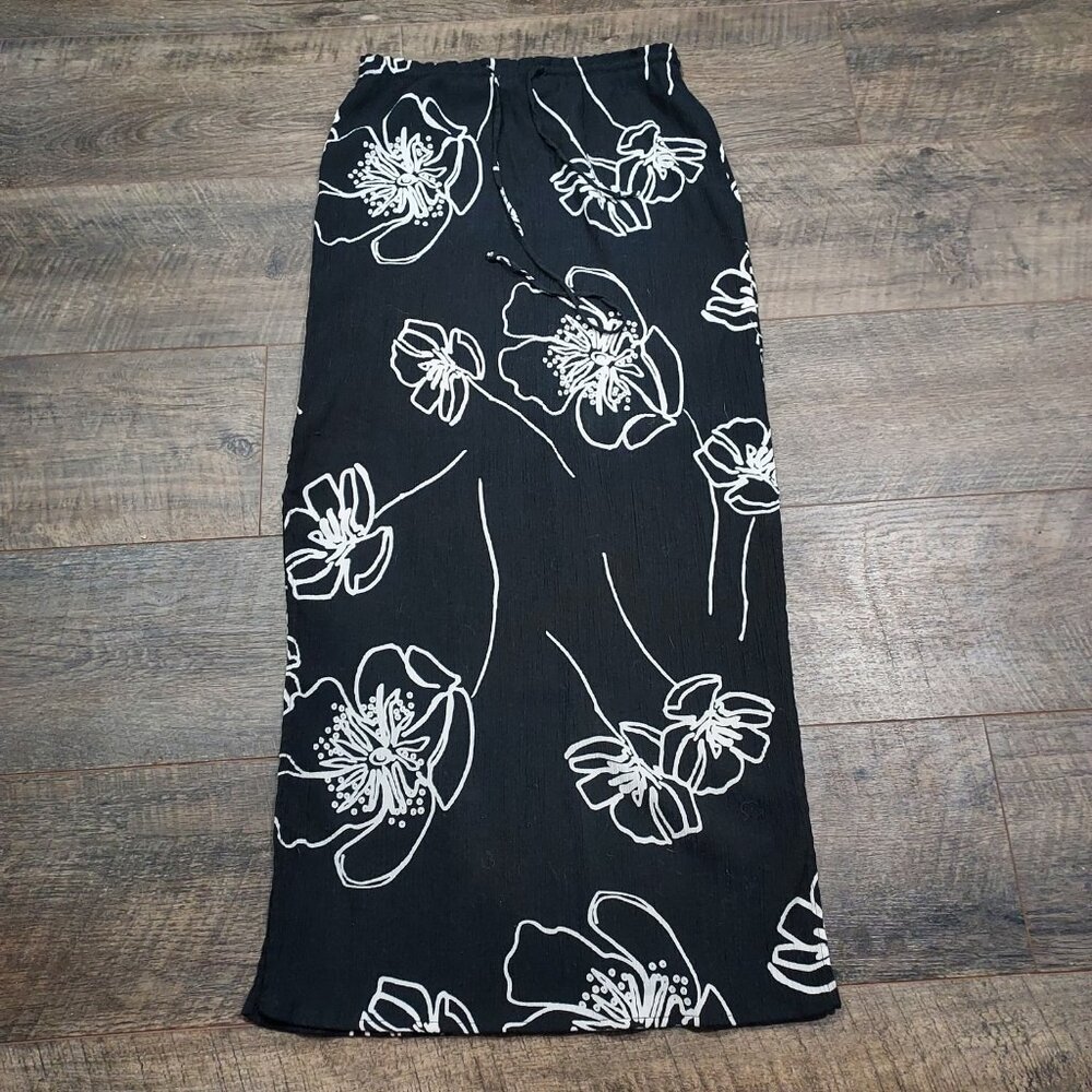 New York&Co Maxi Skirt Black Floral Sleevless Top Crinkle Size S 1990 Vintage
